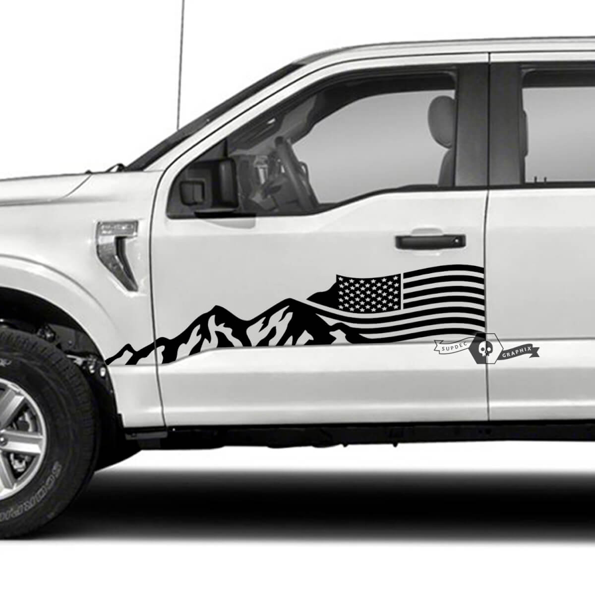 Adhesivo de vinilo lateral con bandera de EE.UU. y montañas para musclecar camión XLT