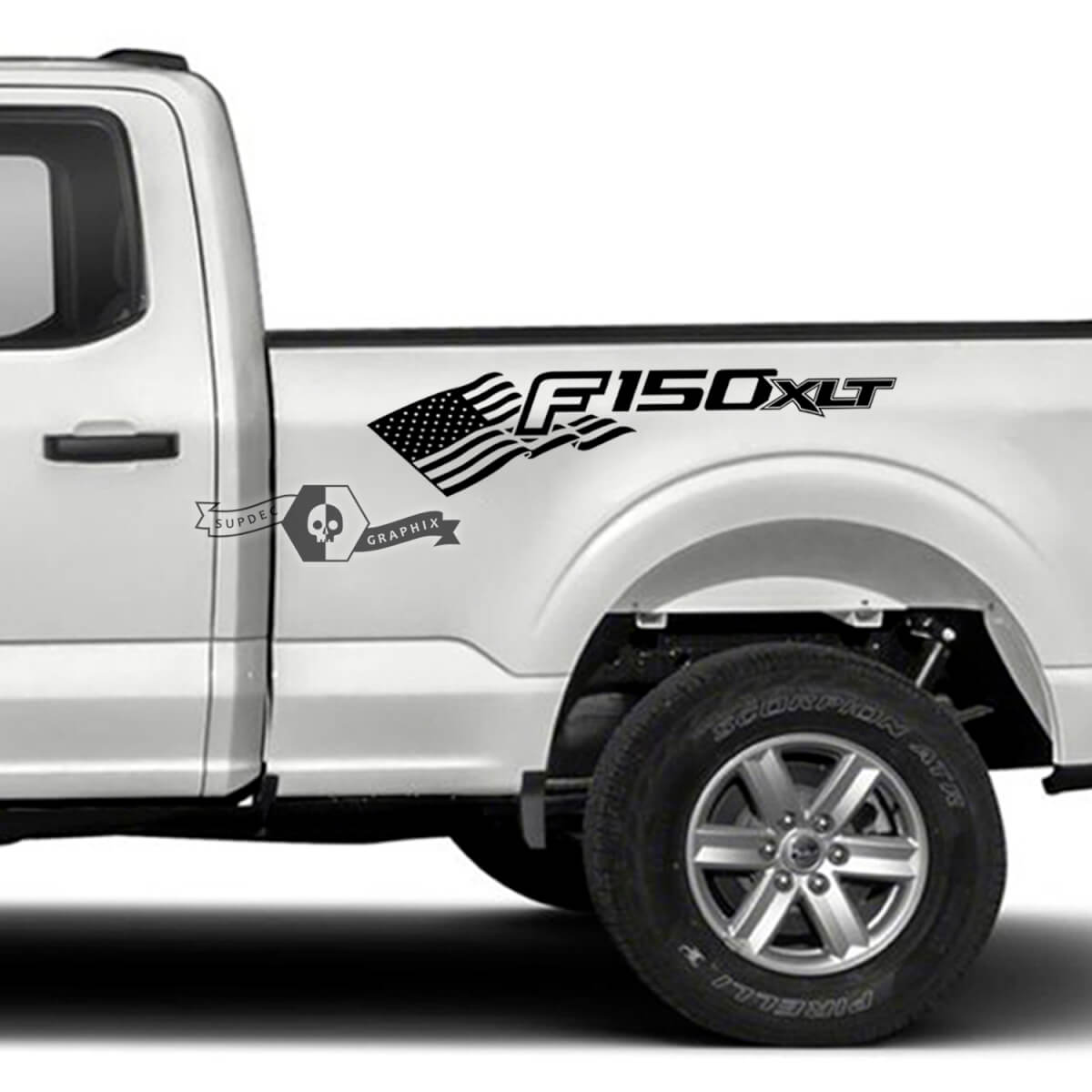Par Ford F-150 XLT 2023 Bandera de EE. UU. Logotipo de cama Fender Graphics Etiqueta adhesiva lateral
