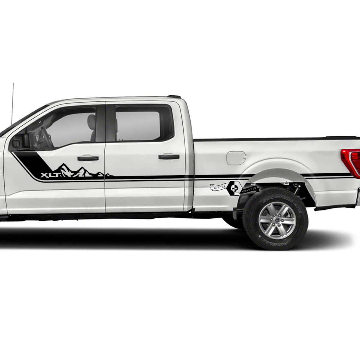 Par Ford F-150 XLT Puertas laterales de cama Stripe Mountains F-150 Logo Gráficos Calcomanías laterales Pegatinas
