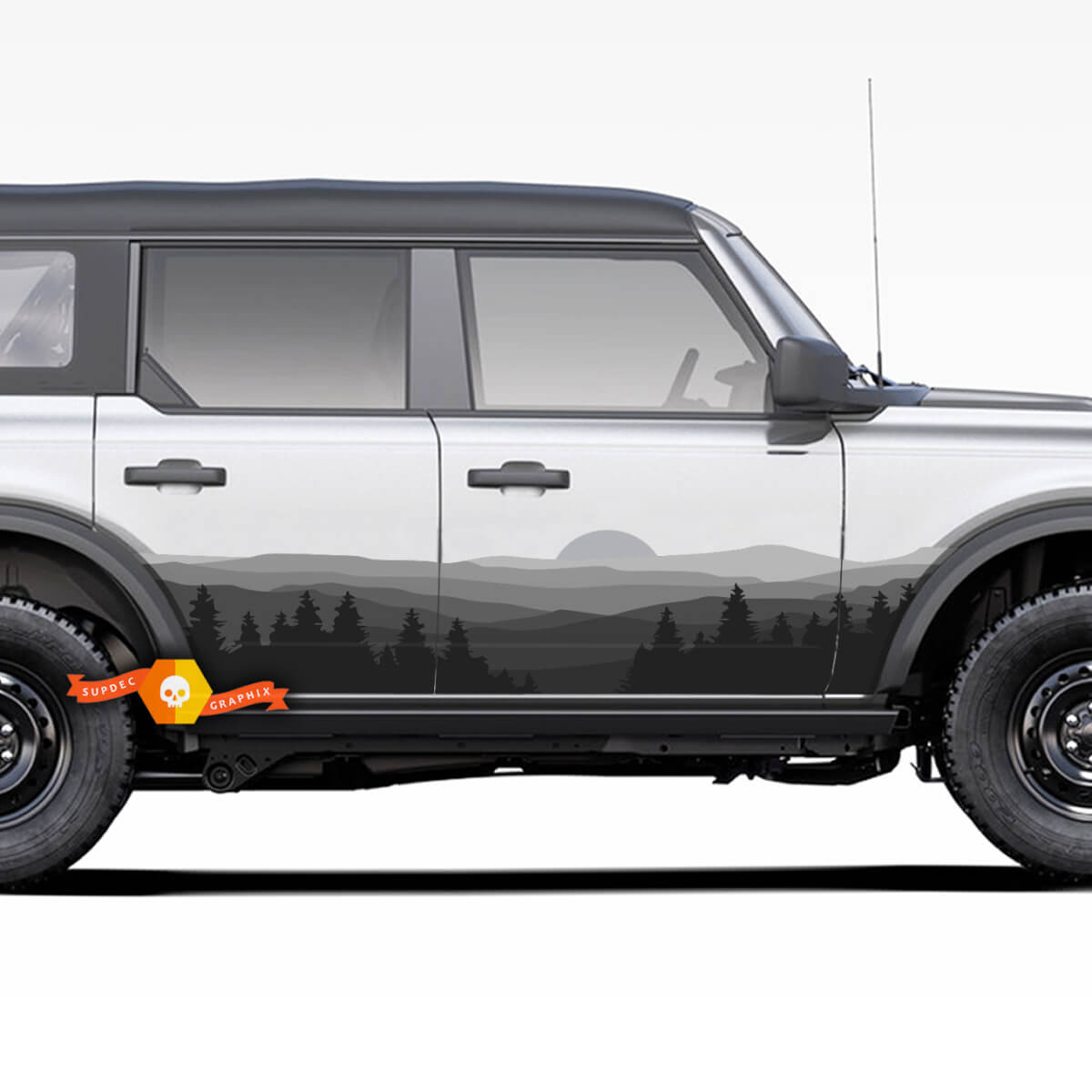 Par de puertas laterales, pegatinas de vinilo de estilo gris con rayas de paisaje forestal y colinas para Ford Bronco

