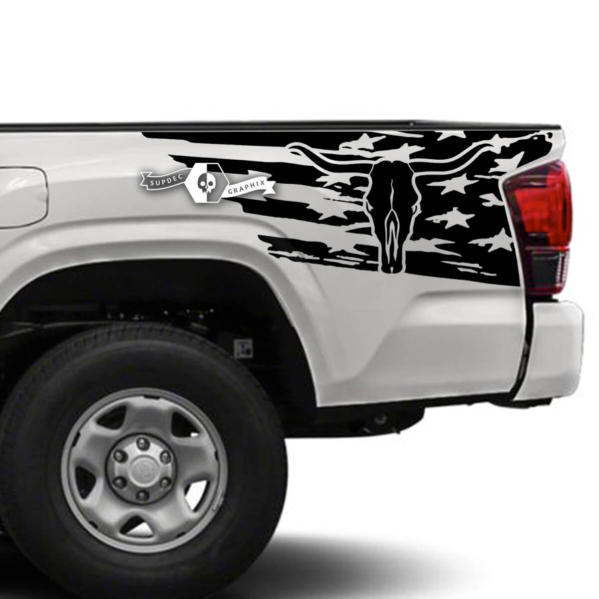 Pegatina de vinilo lateral con calavera de toro y bandera de EE. UU. para Toyota Tacoma