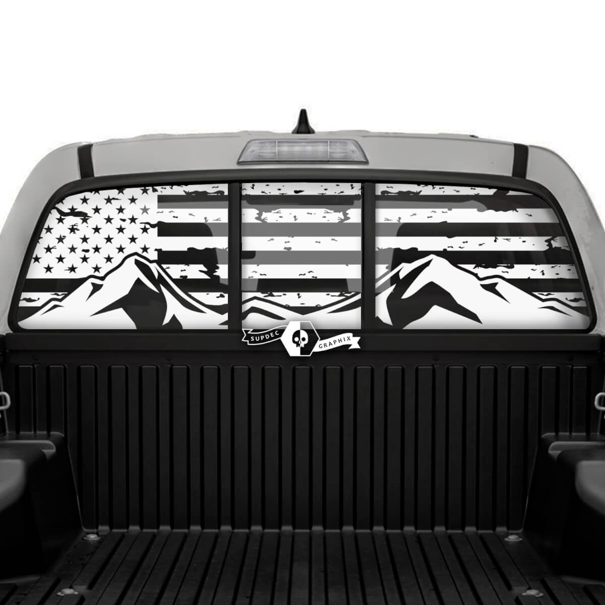 Pegatina de vinilo para ventana trasera con bandera de EE. UU. y montañas para Toyota Tacoma