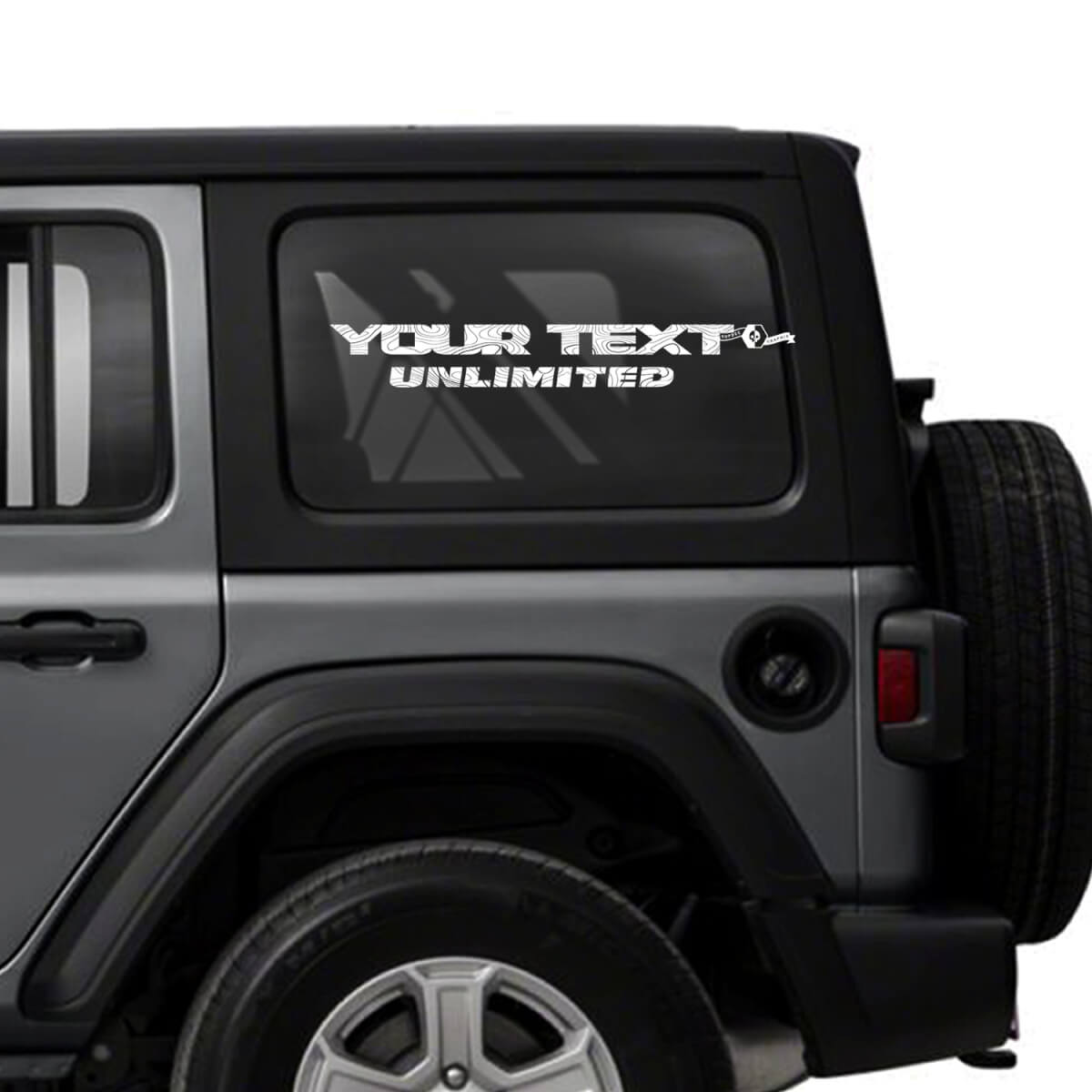 Calcomanía de vinilo para ventana lateral con mapa topográfico Texto personalizado para Jeep Wrangler
