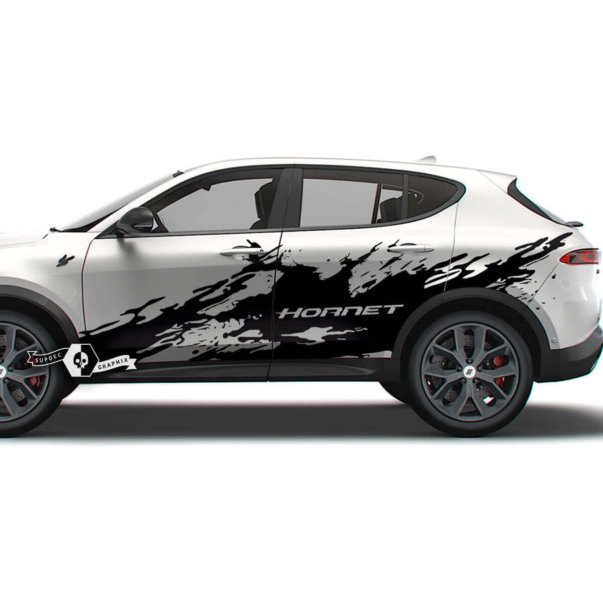 Par de pegatinas de vinilo para puertas Dodge Hornet con rayas laterales y envoltura de salpicaduras
