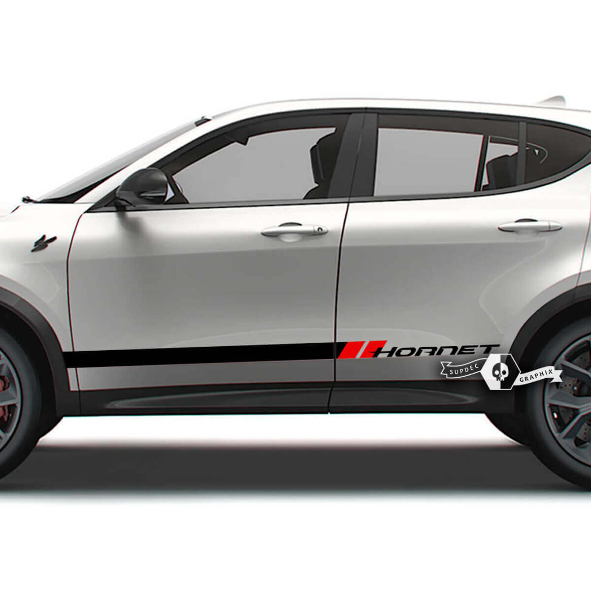 Par Dodge Hornet Puertas Rayas laterales Panel basculante Hornet Logo Calcomanías de vinilo Pegatinas 2 colores
