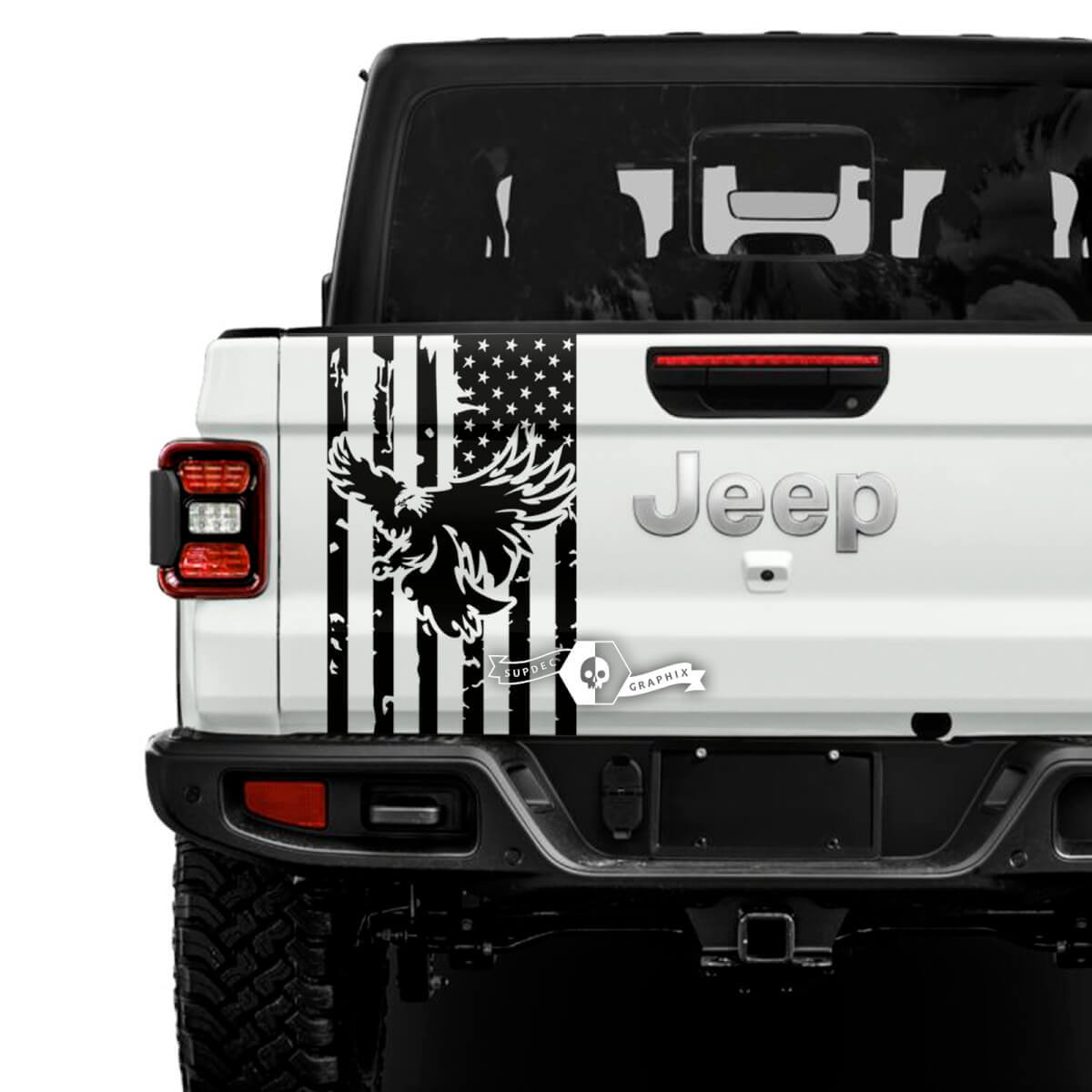 Jeep Gladiator Bandera de EE. UU. Destruida Águila Calva Pegatinas Calcomanías Vinilo Gráficos Portón Trasero Cama Vinilo Pegatinas Calcomanías
