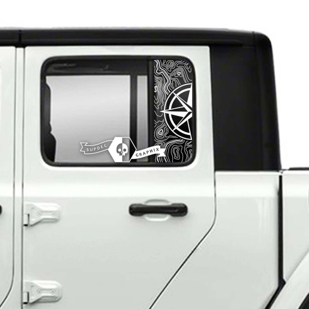 Par de Jeep Gladiator Puerta lateral Ventana Brújula Mapa topográfico Pegatinas Calcomanías Vinilo Gráficos Raya
