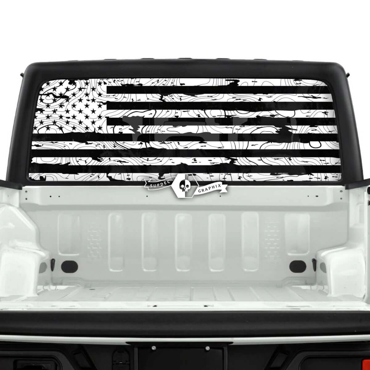 Jeep Gladiator ventana trasera bandera EE. UU. Destruido mapa topográfico Topo pegatinas calcomanías vinilo gráficos raya
