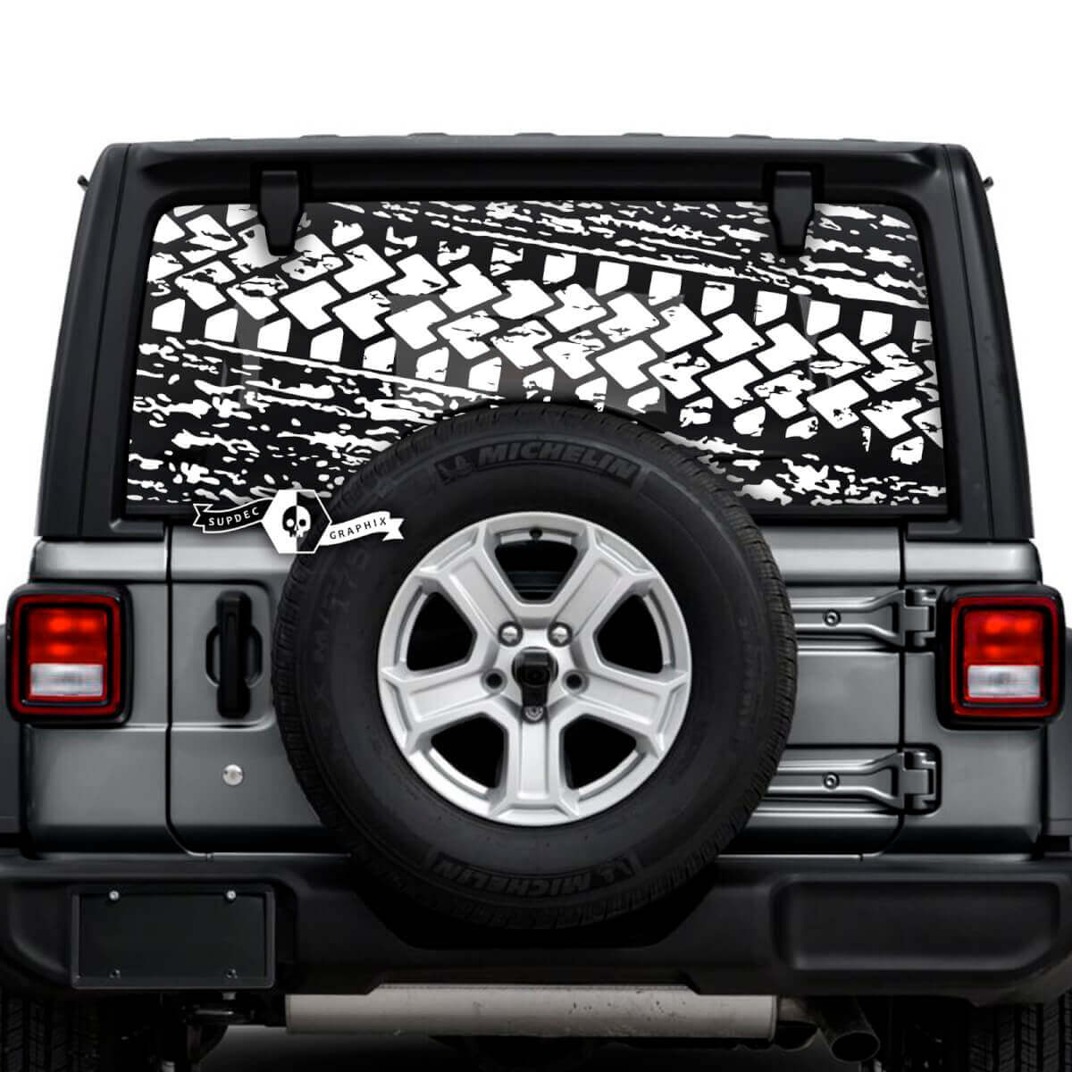 Jeep Wrangler Unlimited Ventana trasera Salpicaduras de barro Destruido Neumático Pista Pegatinas Calcomanías Gráficos de vinilo
