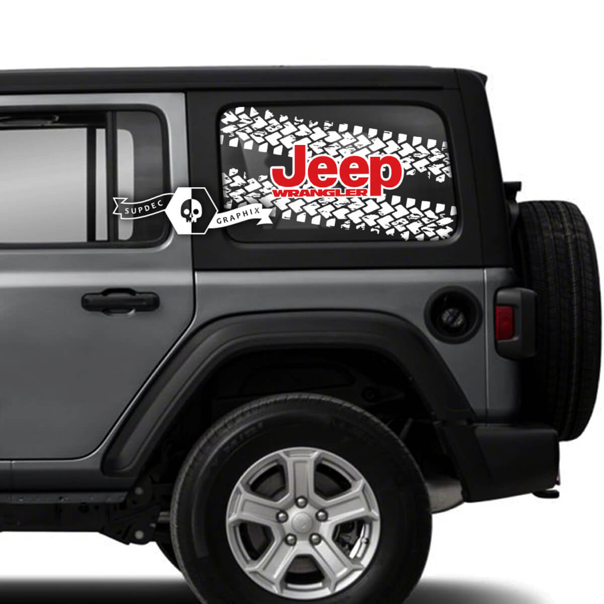 Par de pegatinas de pista de neumáticos para ventana de puerta lateral ilimitada de Jeep Wrangler, calcomanías con logotipo de Jeep, gráficos de vinilo en 2 colores
