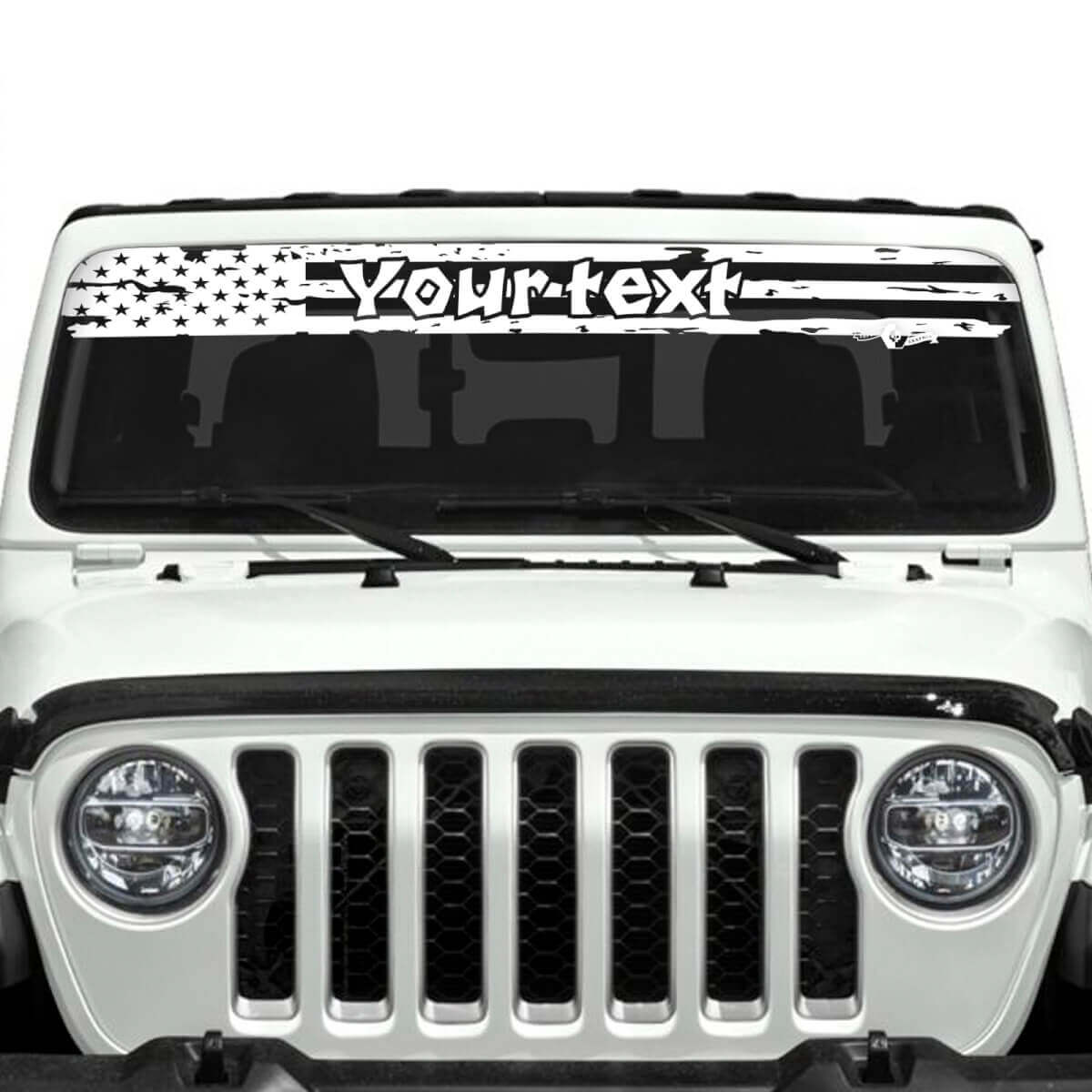 Pegatinas de vinilo con texto personalizado y logo de bandera USA destruida para parabrisas de Jeep Gladiator