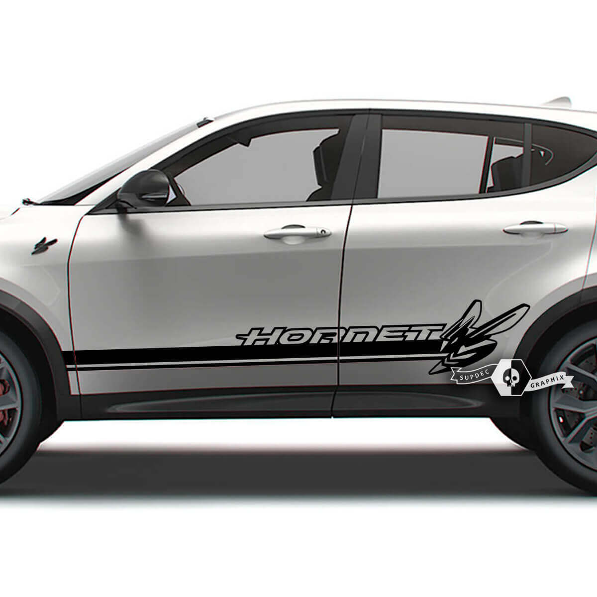 Par de pegatinas de vinilo con logotipo de rayas laterales para puertas de Dodge Hornet
