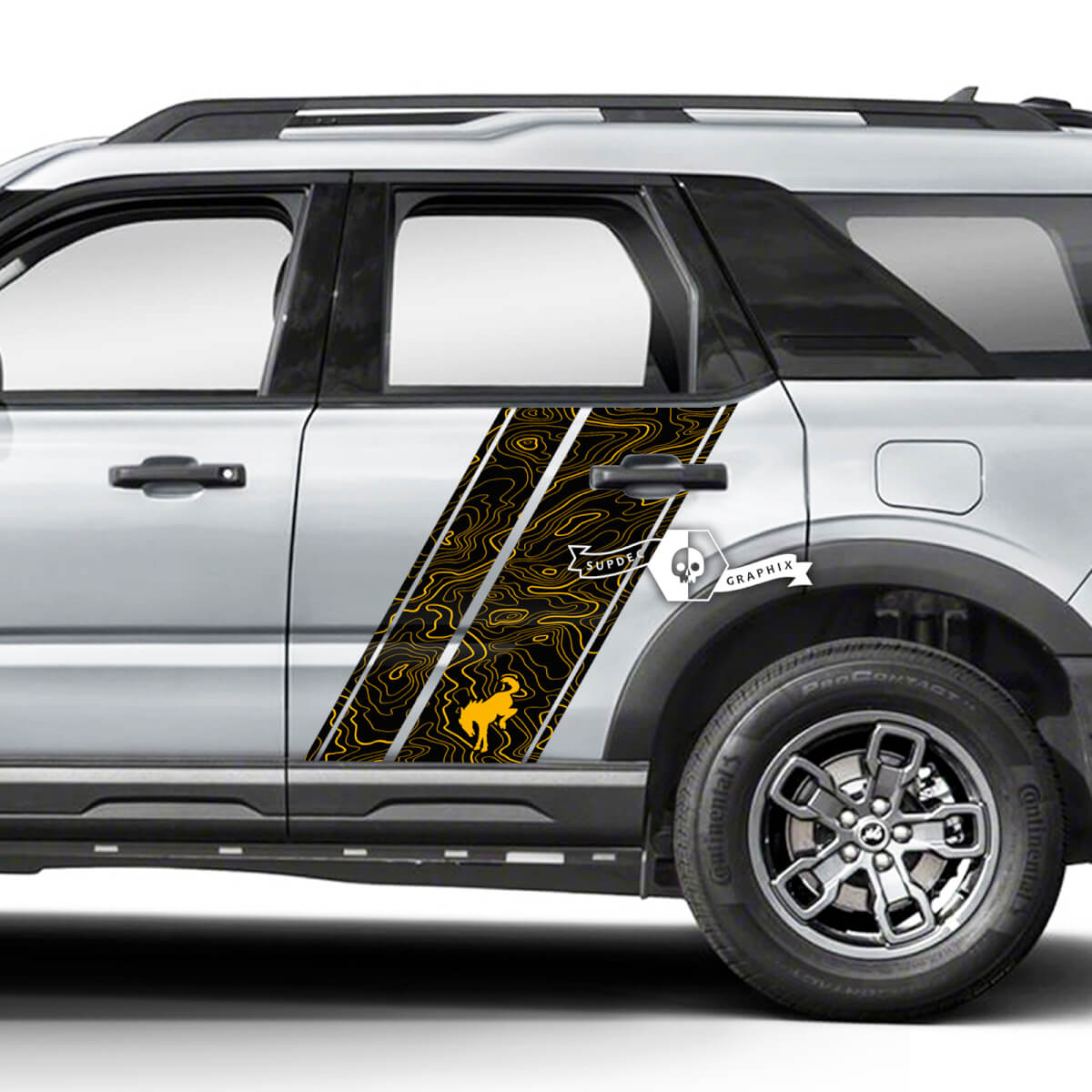 2 pegatinas con logotipo de guardabarros trasero y mapa topográfico lateral de Ford Bronco, 2 colores
