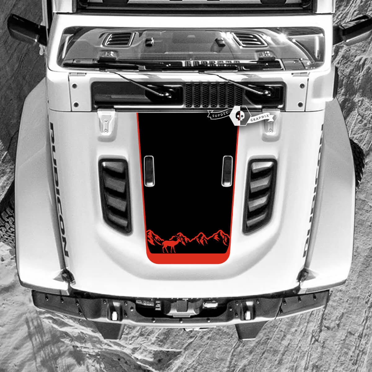 Jeep Wrangler Hood montañas bosque ciervos vinilo calcomanías pegatinas 2 colores
