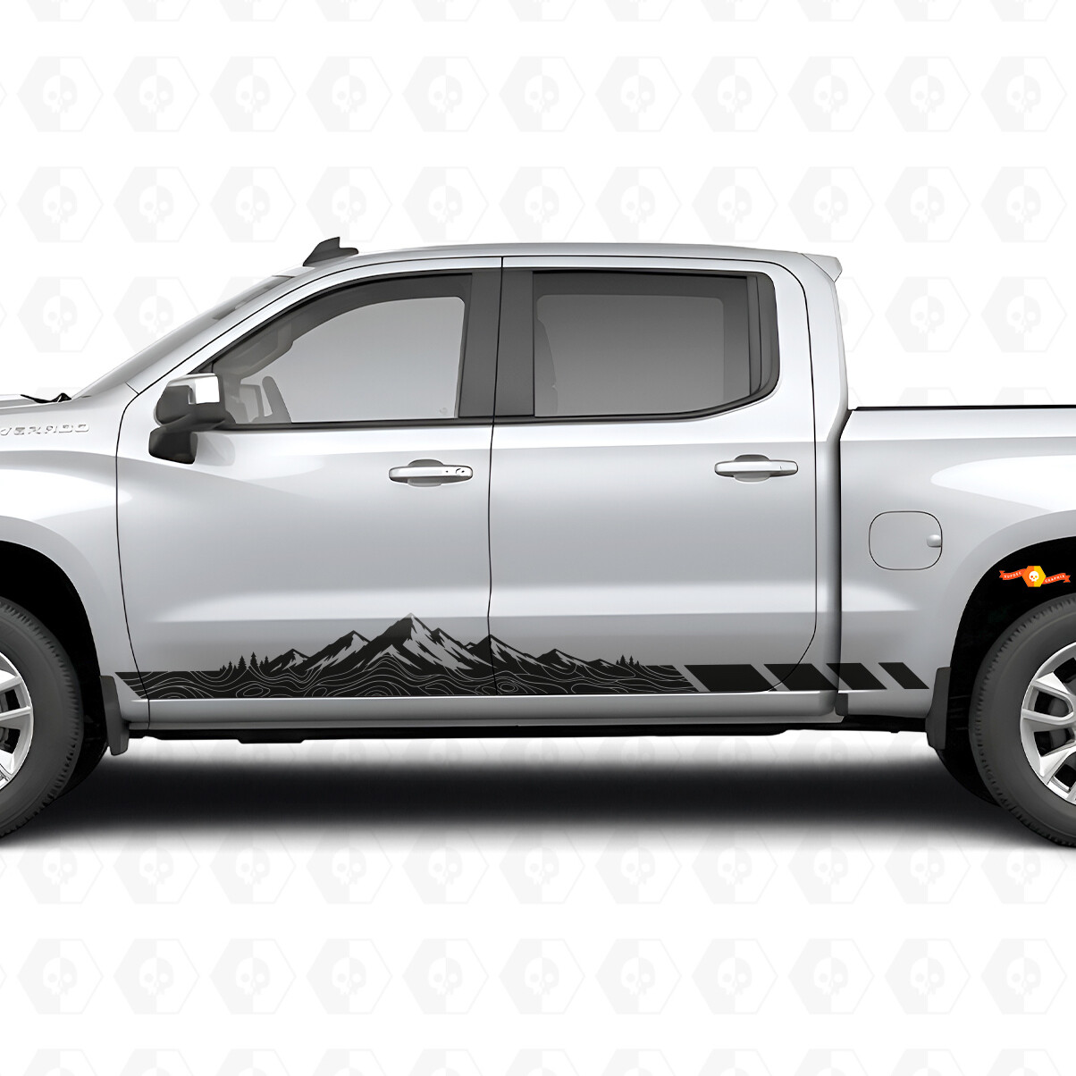 Vinilos de rayas topográficas de montaña para puertas y paneles de estribo Chevrolet Silverado 1500 T1XX 2019-2026