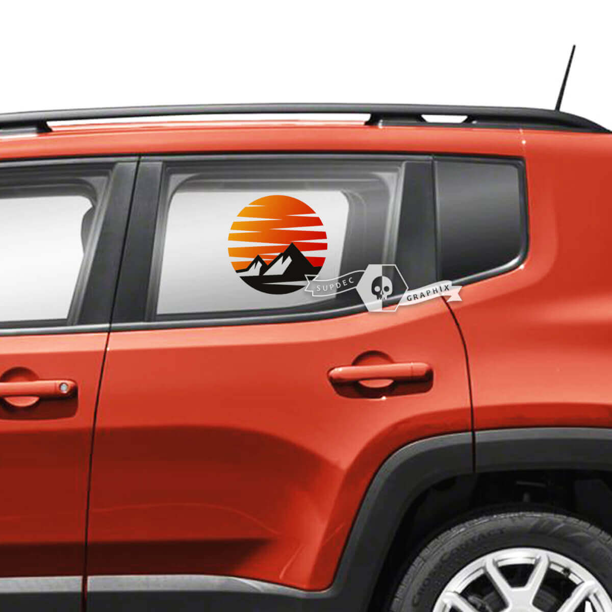 Par Jeep Renegade Puertas de guardabarros laterales Ventana Montañas Puesta de sol Calcomanías de vinilo con gráficos retro - De colores
