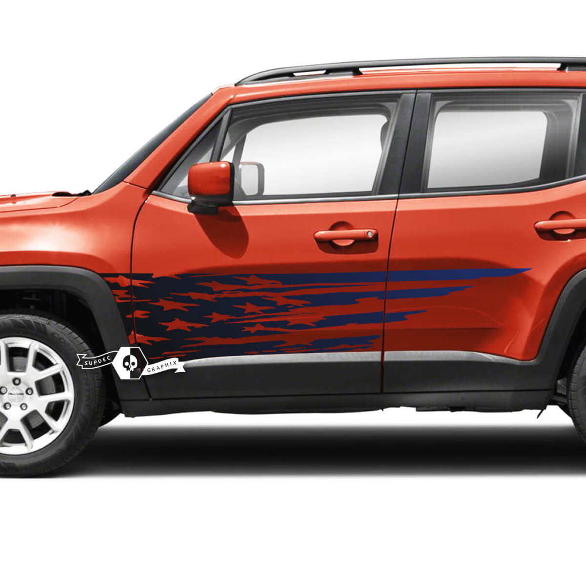 Par de puertas Jeep Renegade, pegatina de vinilo gráfica destruida con bandera de EE. UU., degradado de 2 colores
