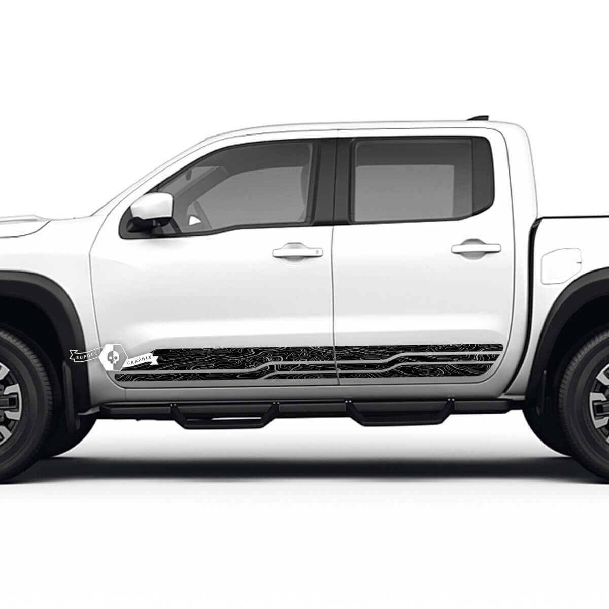 Kit de pegatinas de vinilo a rayas Nissan Frontier con mapa topográfico lateral del panel basculante de calcomanías de 2 Nissan
