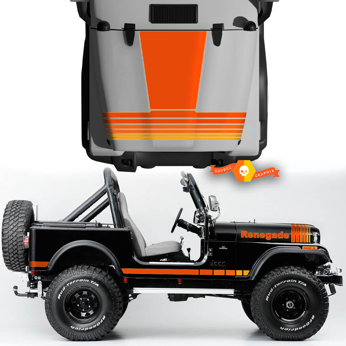 Kit de capó, panel basculante lateral, guardabarros delantero y trasero, Jeep Renegade CJ7, pegatinas de vinilo, calcomanías, estilo de líneas gráficas, naranja
