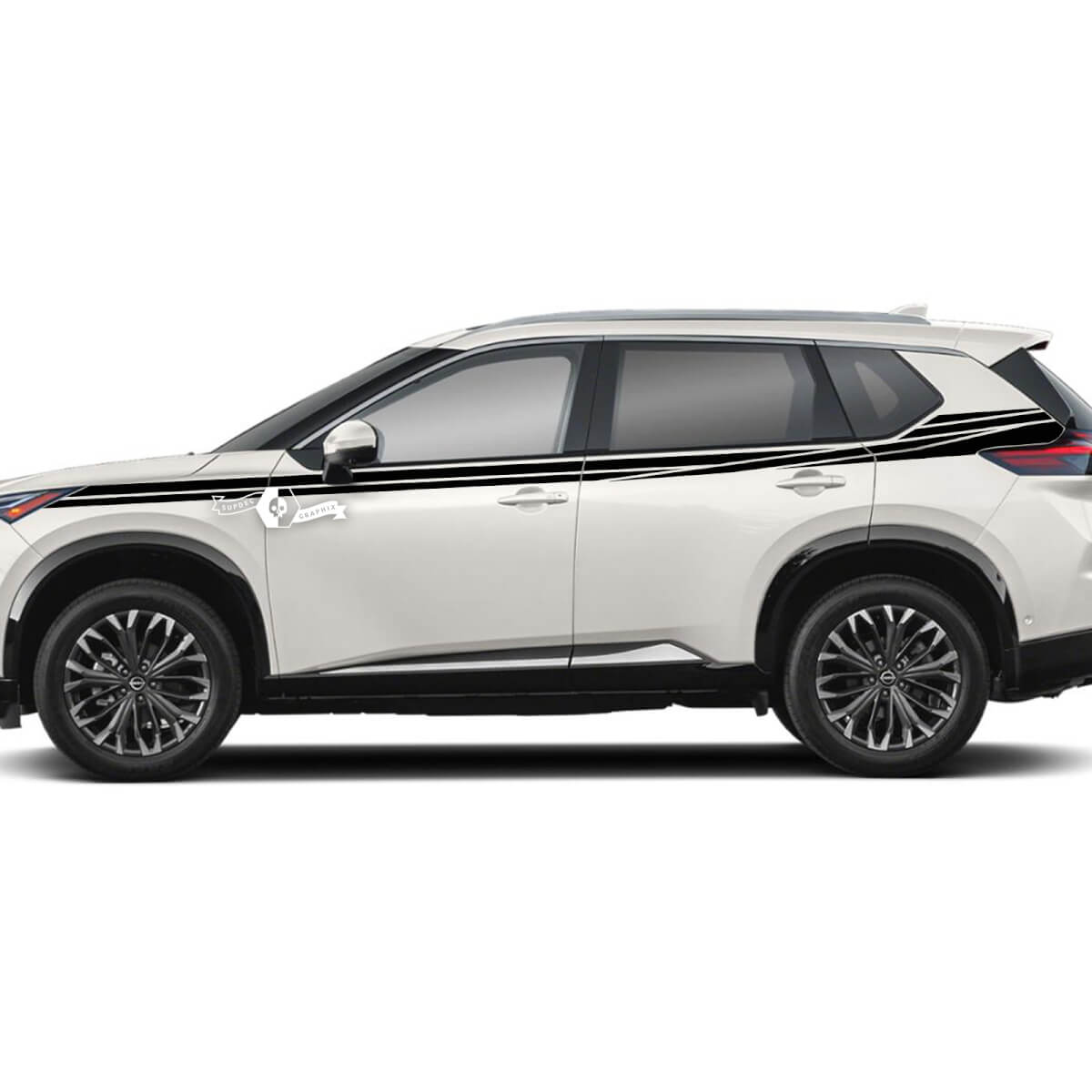 Par Nissan Rogue guardabarros delantero puerta lateral hacia arriba guardabarros trasero rayas dobles pegatina vinilo gráfico
