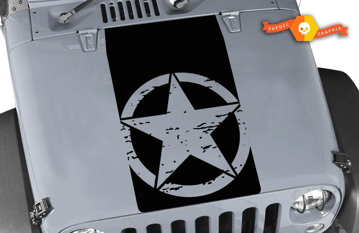 Calcomanía de vinilo de capucha en negro apagado con estrella militar desgastada para Jeep Wrangler