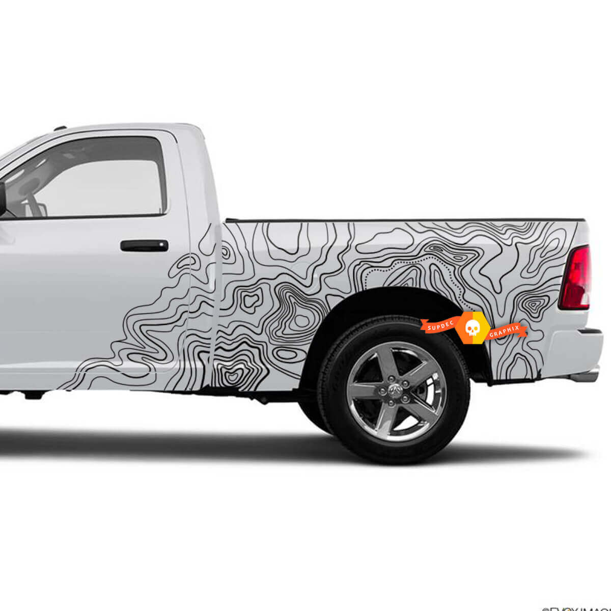 Calcomanía Vinilo Gráfico de Puertas Laterales con Mapa Topográfico para Camioneta Dodge Ram