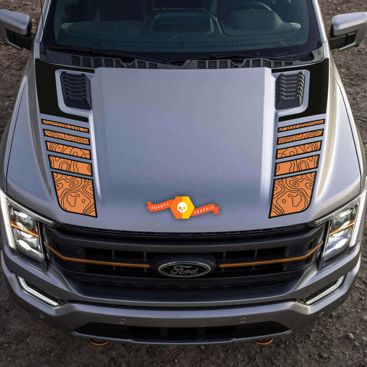 Pegatinas de vinilo de franjas dobles en el capó con mapa topográfico para Musclecar camioneta Tremor
