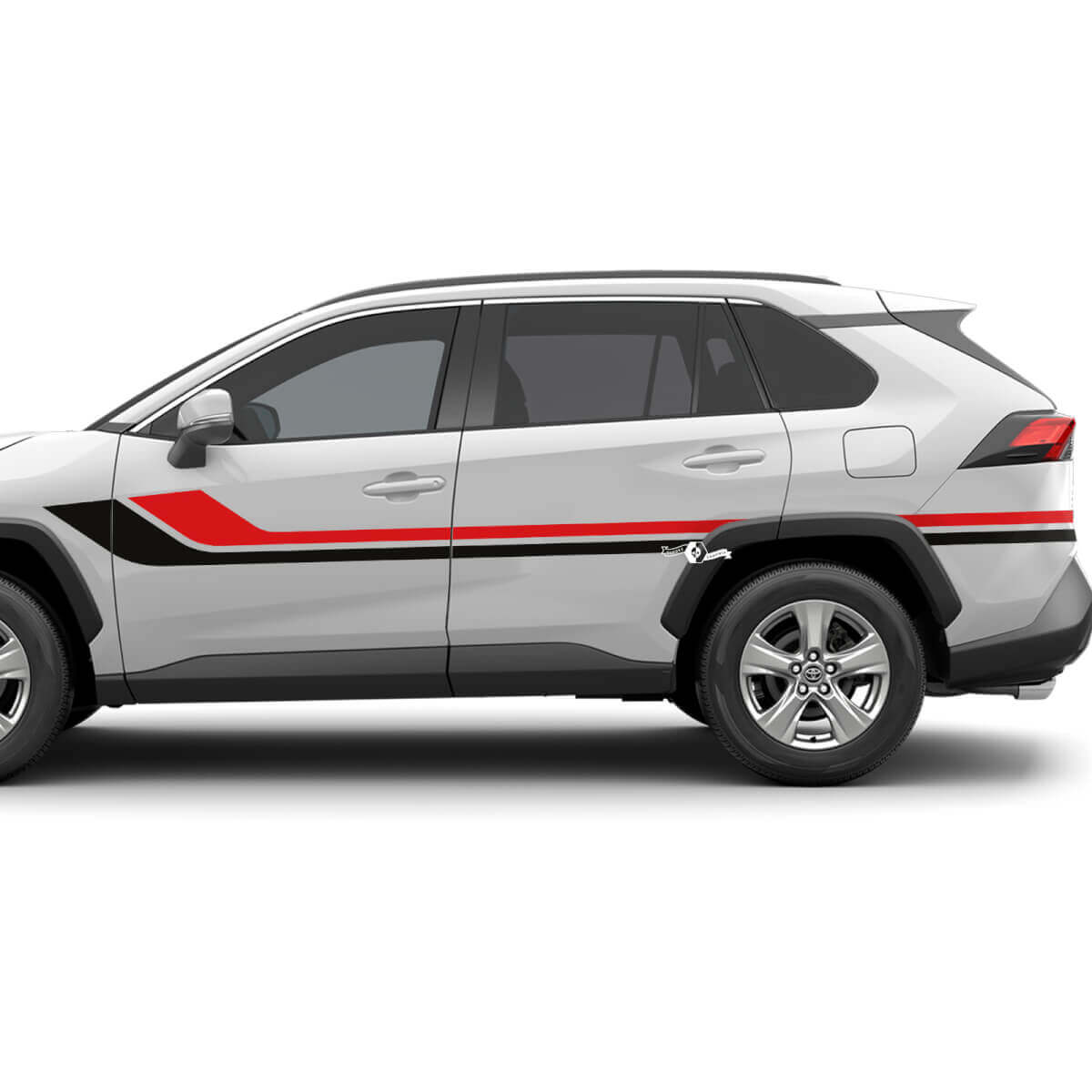 Etiqueta gráfica de vinilo con rayas laterales de dos colores compatible con Toyota RAV4

