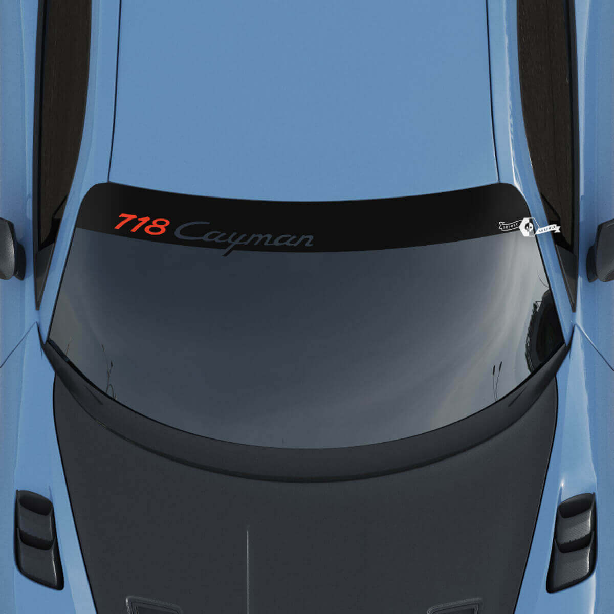 Calcomanía de kit de logotipo de Porsche 718 Cayman para parabrisas con rayas de fondo.
