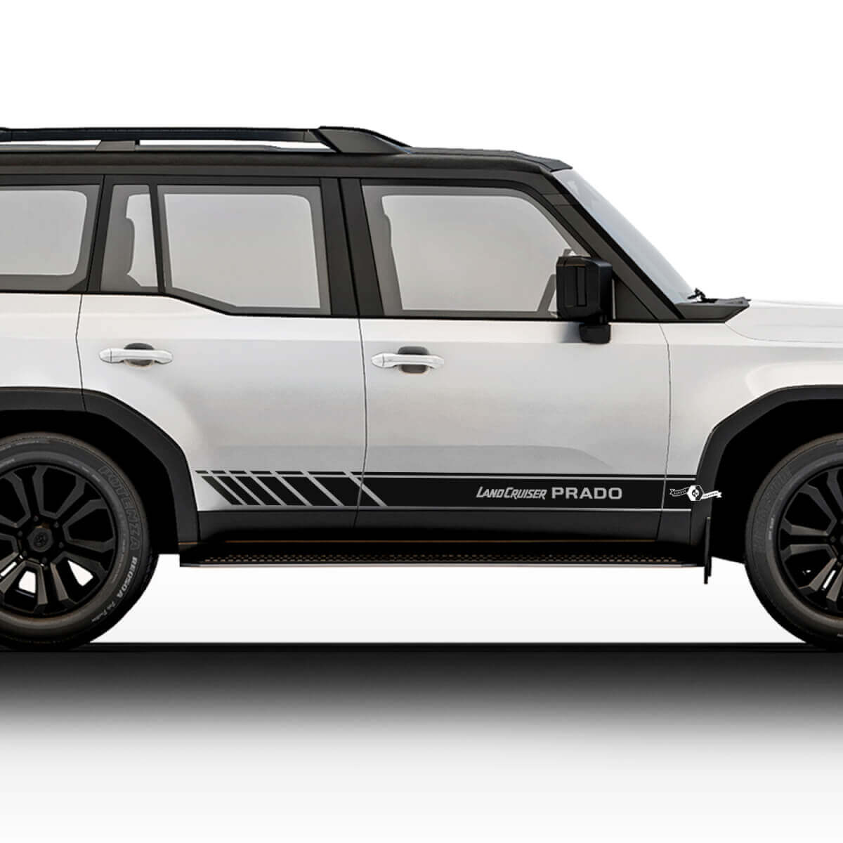 Kit de calcomanías de vinilo con rayas gráficas laterales de carreras para Toyota Land Cruiser Prado 2024.
