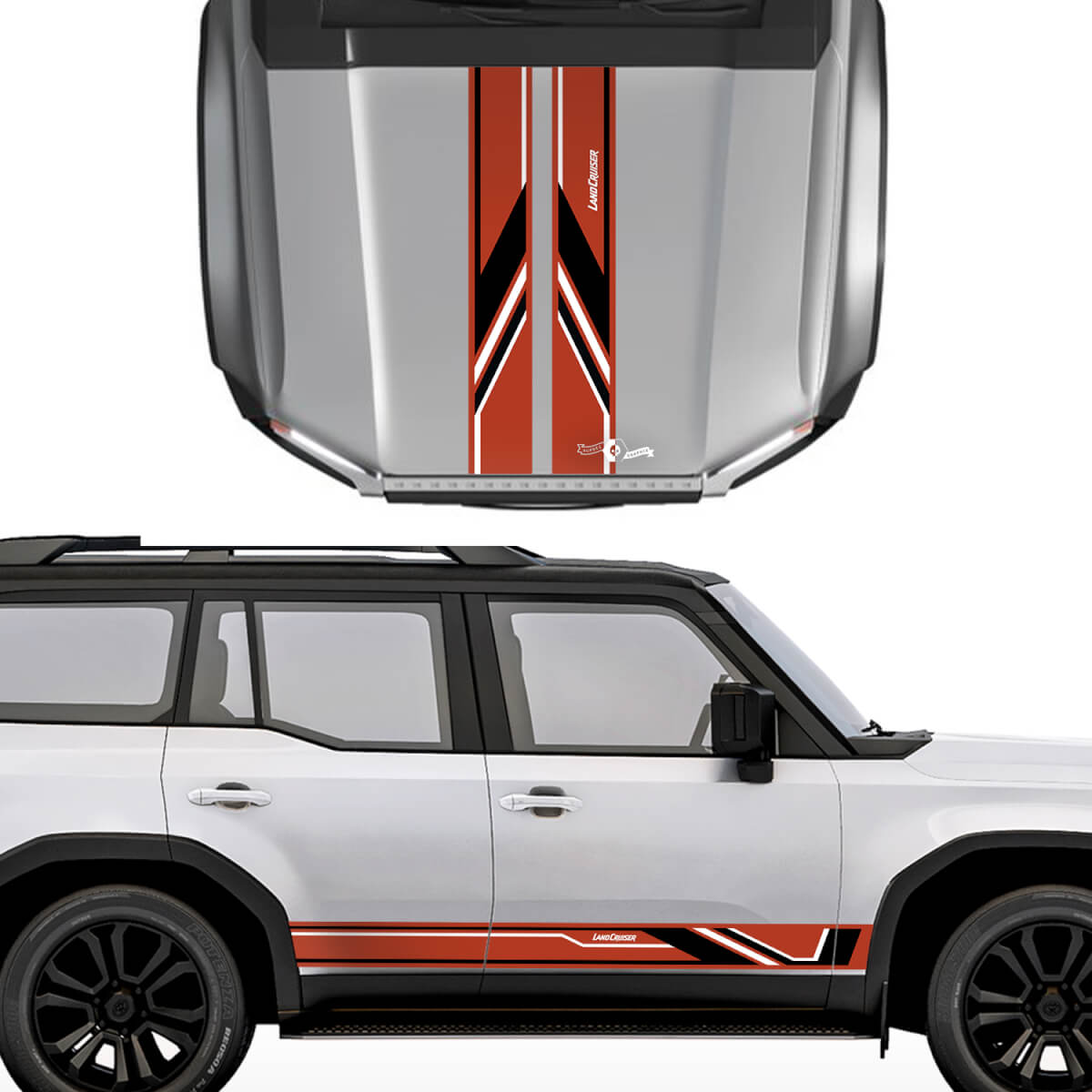 Calcomanías de estilo deportivo con rayas laterales y capó de Toyota Land Cruiser Prado, kit gráfico de vinilo 2
