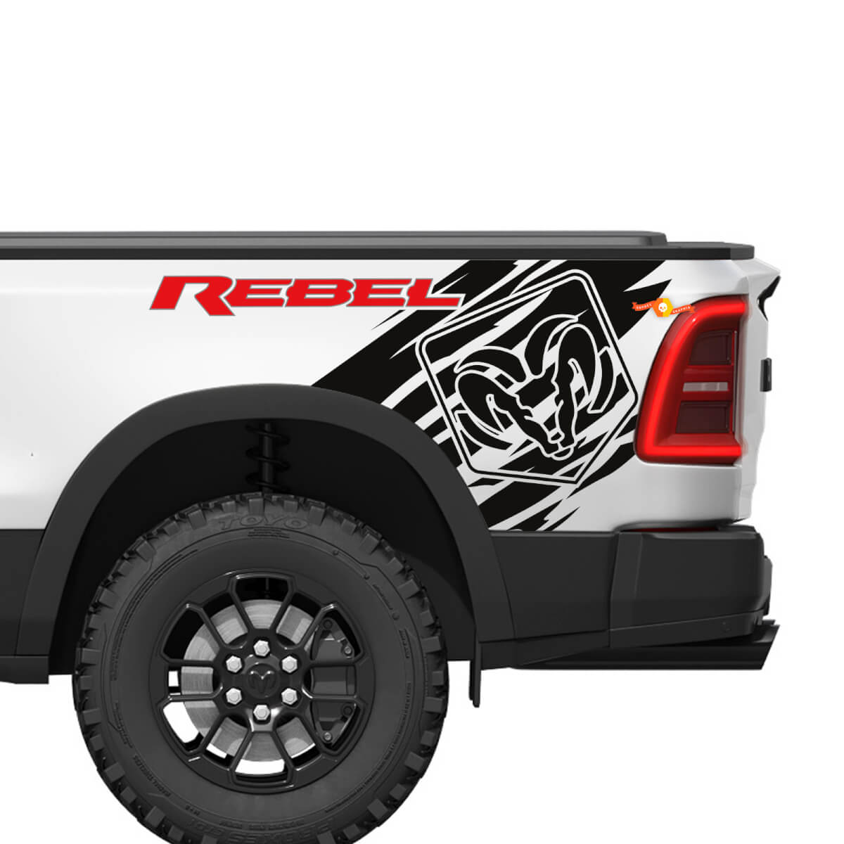 Dodge Ram Rebel Grunge Logo Camión Cama Vinilo Calcomanía Etiqueta Gráfica
