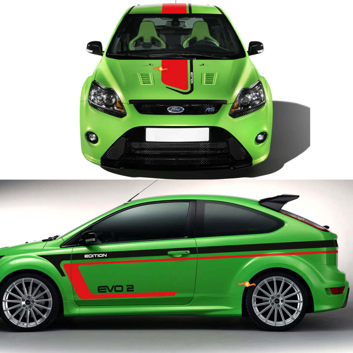 Kit gráfico de pegatinas para el cuerpo del capó lateral del Ford Focus RS Edition EVO 2
