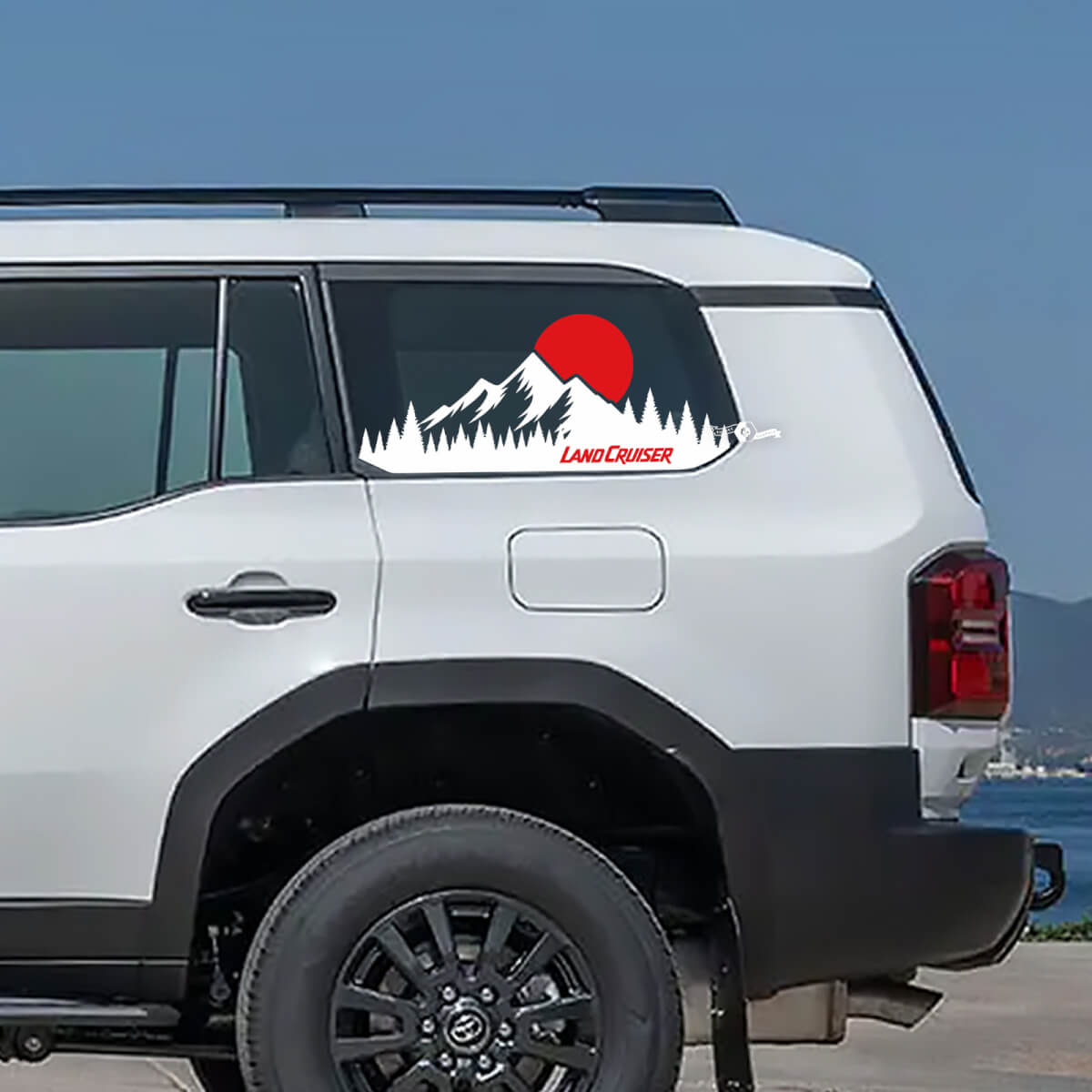 Toyota Land Cruiser Ventana Topográfica Lado Montaña Atardecer Calcomanías Vinilo Pegatinas Gráfico
