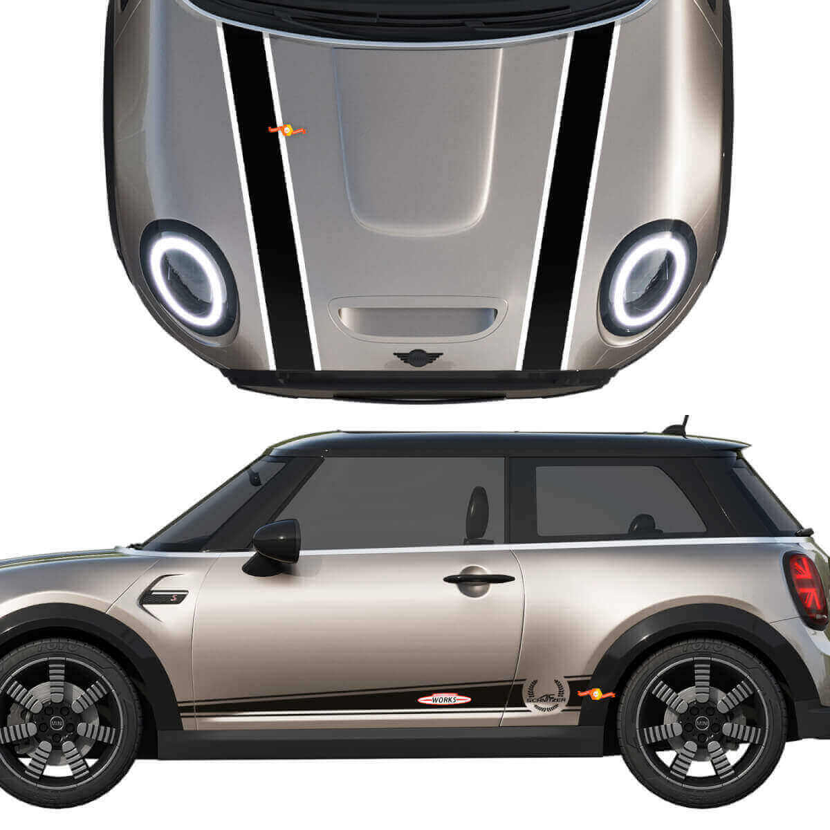 Calcomanía adhesiva de vinilo con franjas John Cooper Works para capó y lateral para MINI Cooper