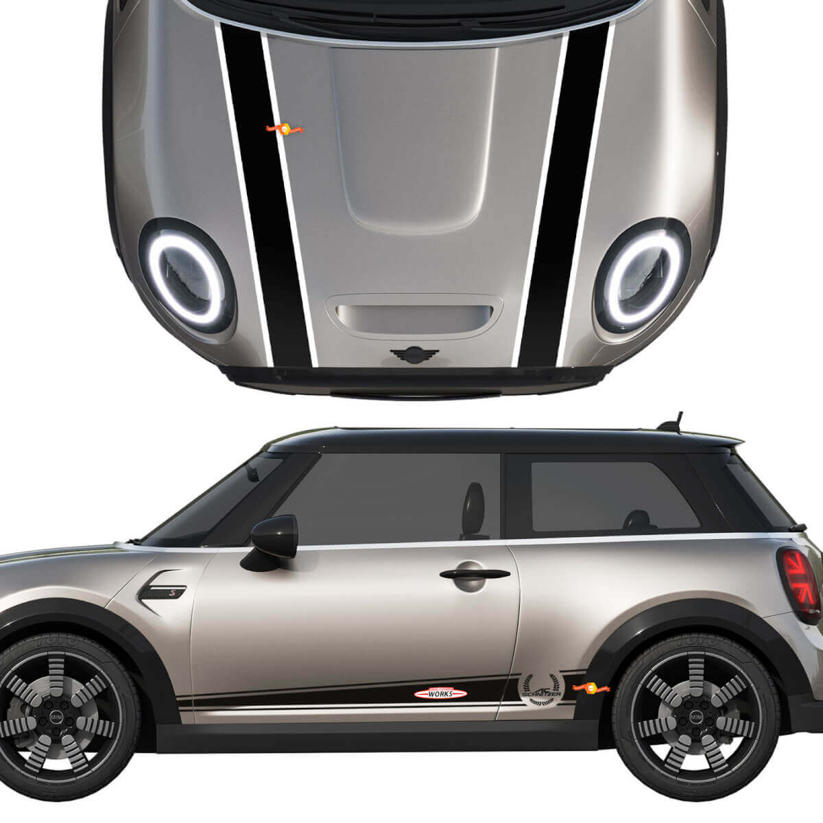 Mini John Cooper Works AC Schnitzer capucha y puertas laterales de rayas calcomanías de rally y gráficos

