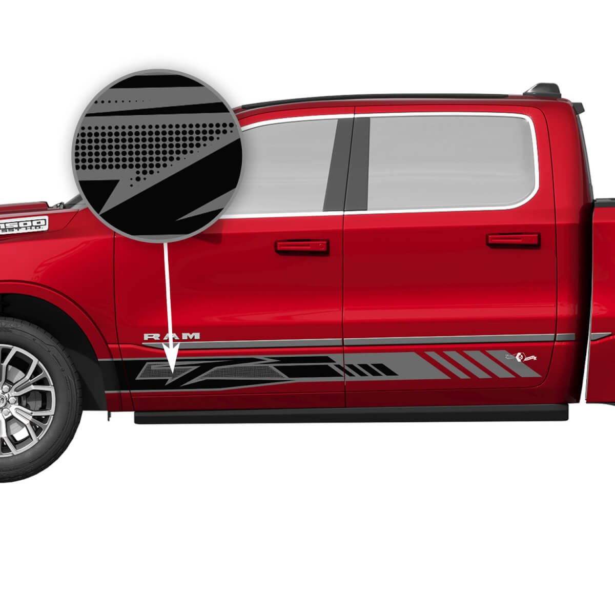 Puertas laterales Rocker Panel Stripes Vinilo Calcomanías Pegatinas Gráficos para Dodge RAM 1500 TUNGSTENO
