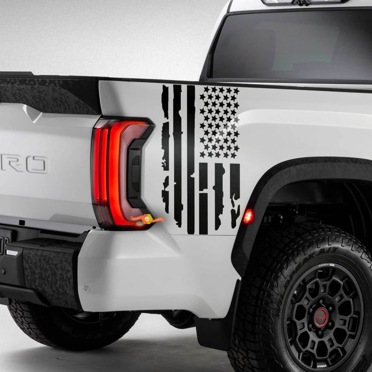 Combinar Toyota Tundra Bed Fender trasero destruido Grange USA Flag Logotipo de rayas Pegatinas de vinilo Decal 2
