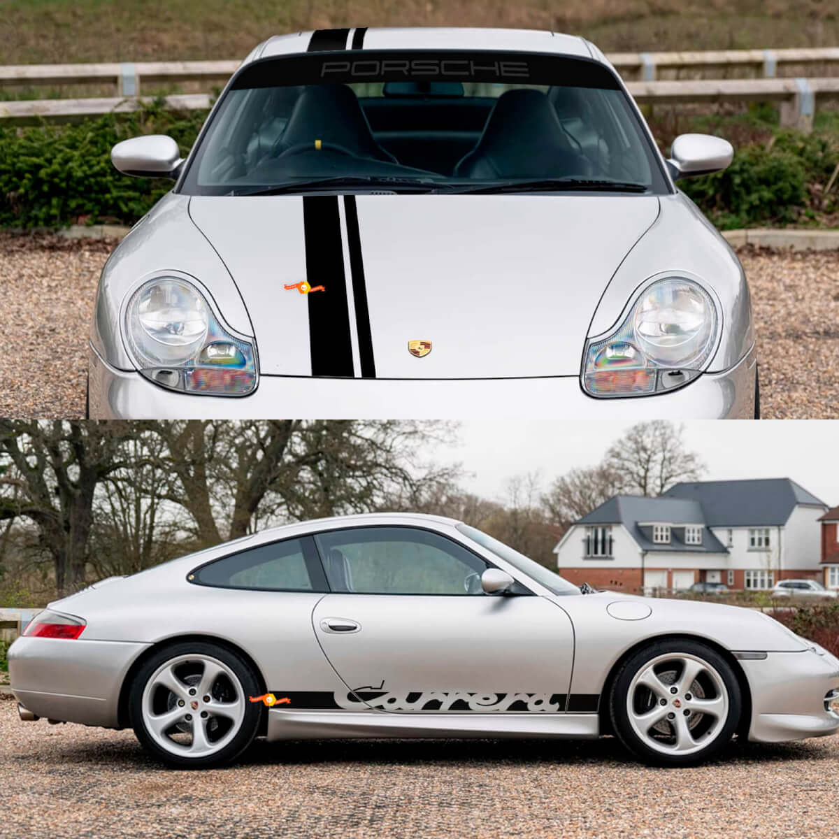 Porsche 911 Carrera Dual Stripes centrales Central retro Campana lateral de parabrisas Kit de calcomanía
