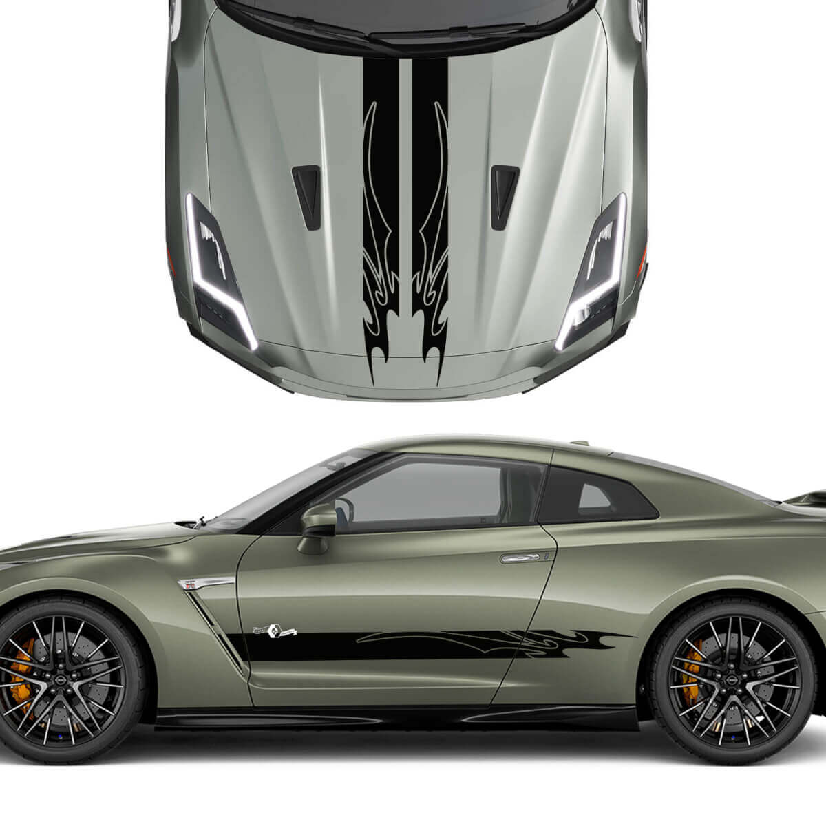 Capucha y lados Kit de calcomanía de rayas de gráficos tribales duales para Nissan GT-R
