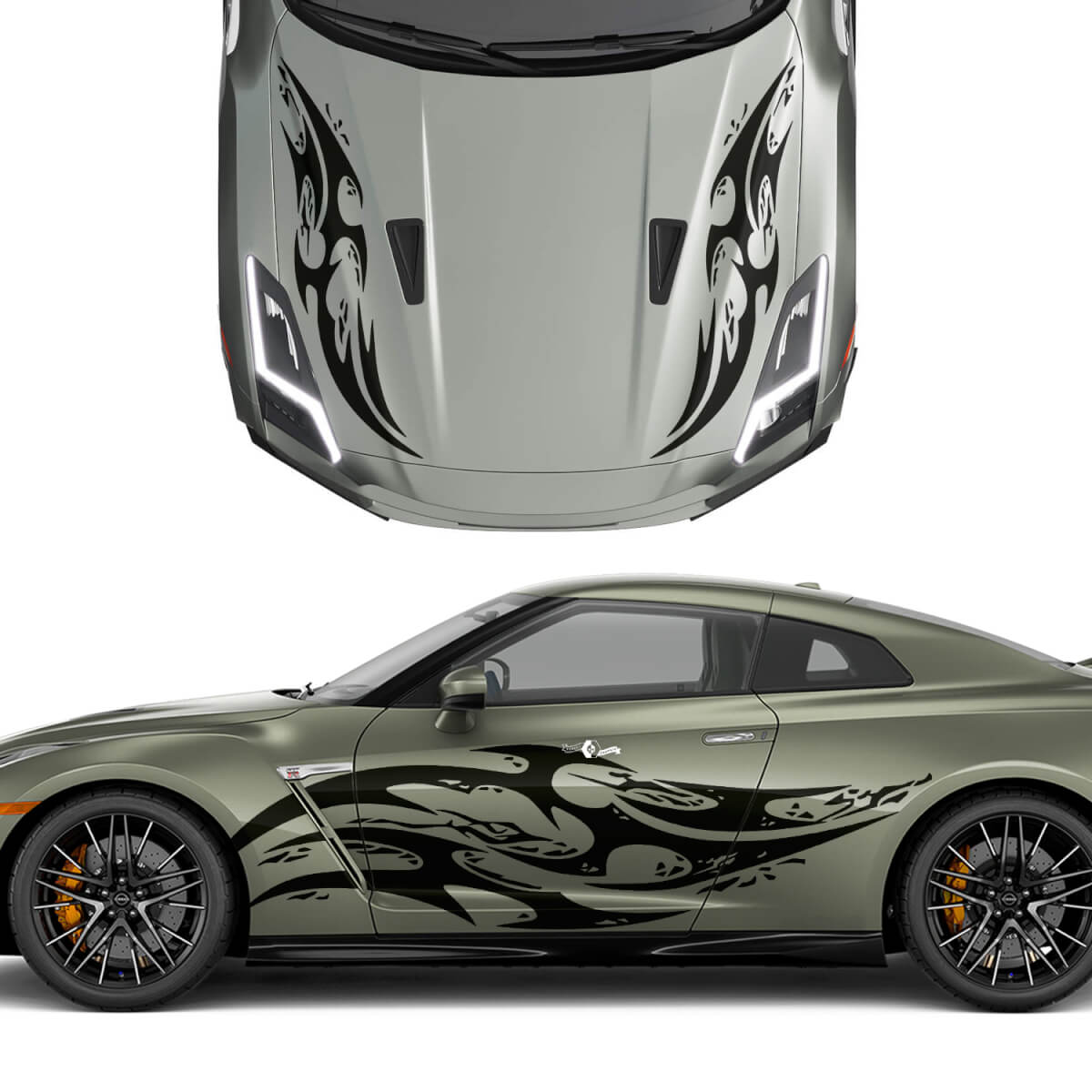 Capucha y lados Kit de calcomanías de rayas de gráficos de tatuajes de tatuaje de doble tatuaje para Nissan GT-R
