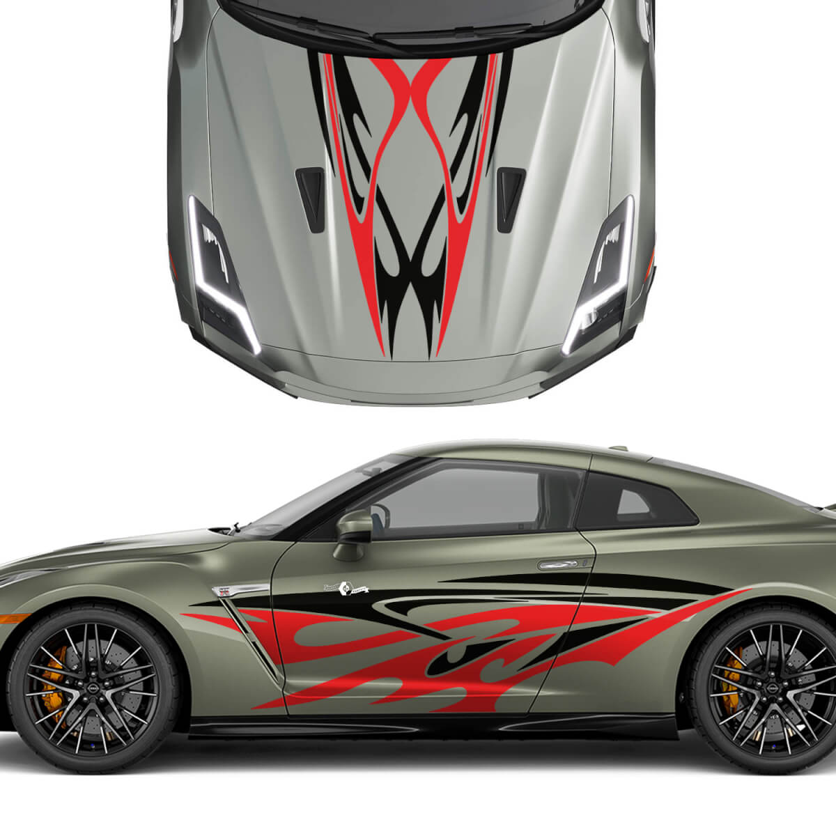 Capucha y lados Kit de calcomanías de rayas de gráficos de tatuajes de tatuaje de doble tatuaje para Nissan GT-R 3
