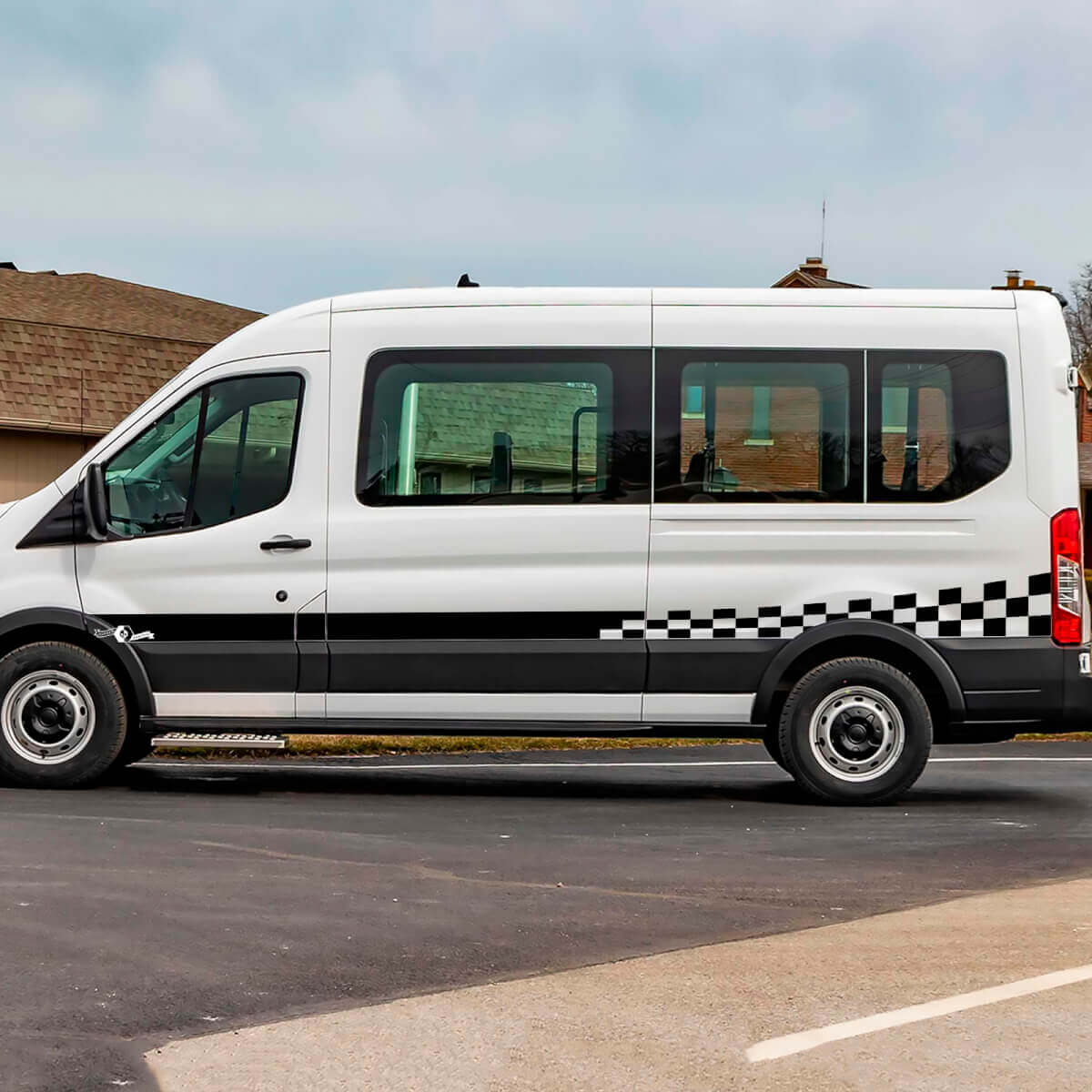 Puertas laterales de rayas de bandera a cuadros de Musclecar Transit gráficos calcomanía de vinilo
