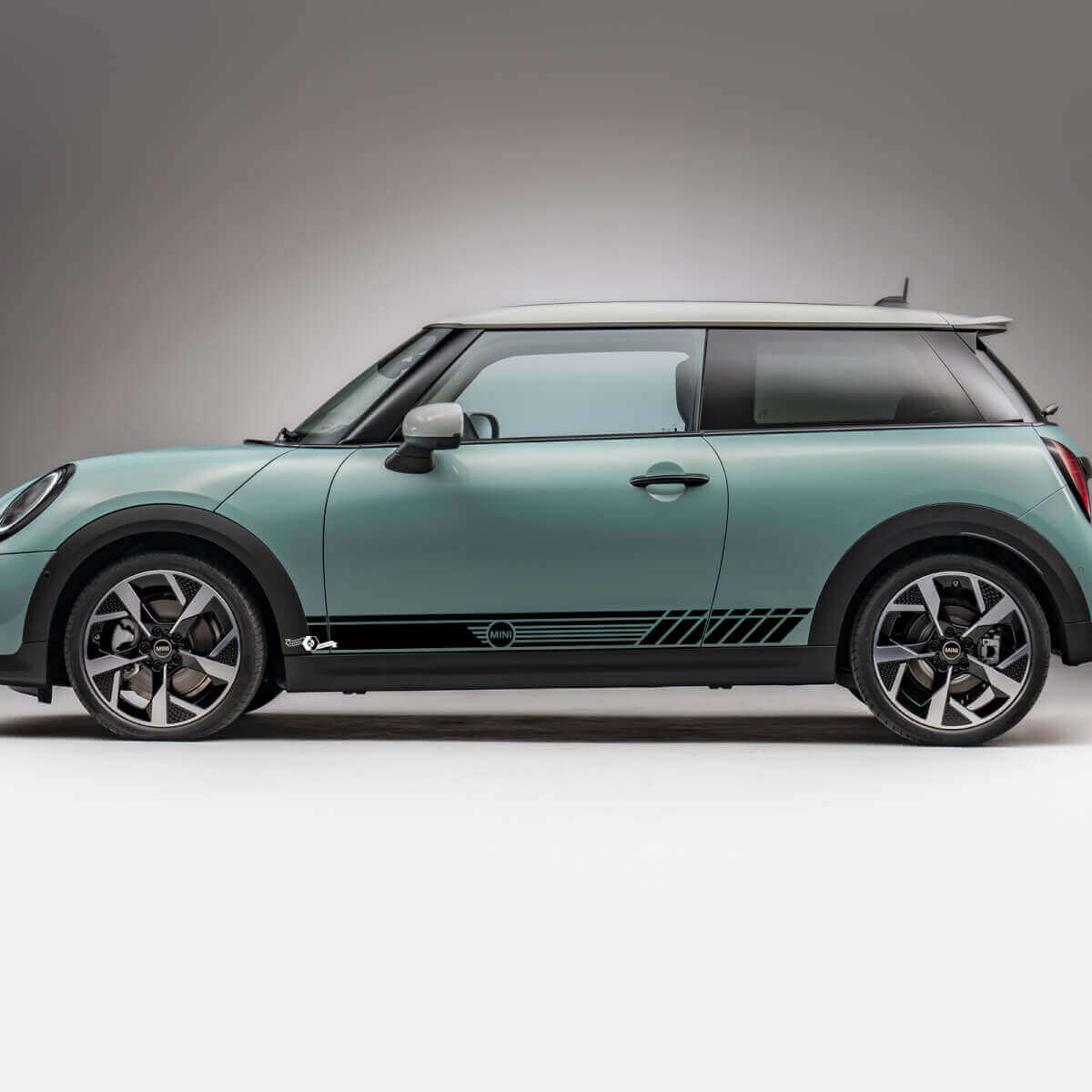 Gráficos de franjas a cuadros con logotipo lateral de carreras para Mini Cooper S