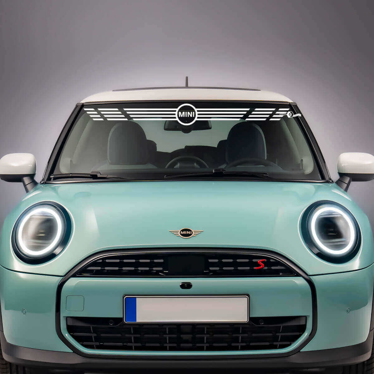 Pegatina de vinilo con logo Mini y franjas para parabrisas para Mini Cooper S