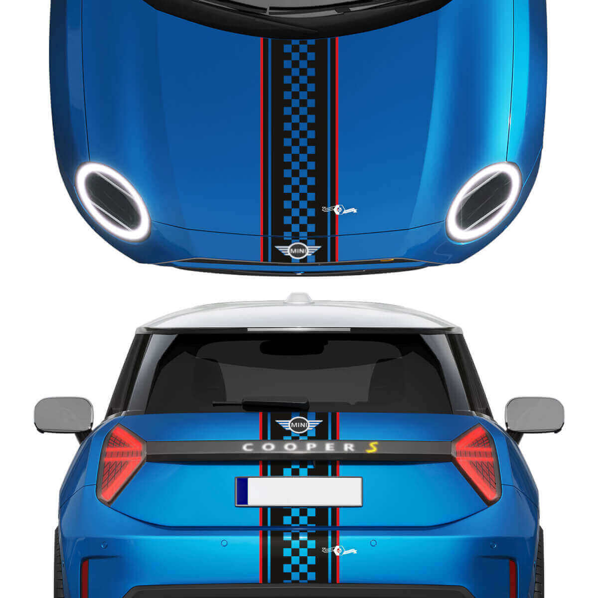 Calcomanía de vinilo con franjas a cuadros en capó y parte trasera para Mini Cooper S