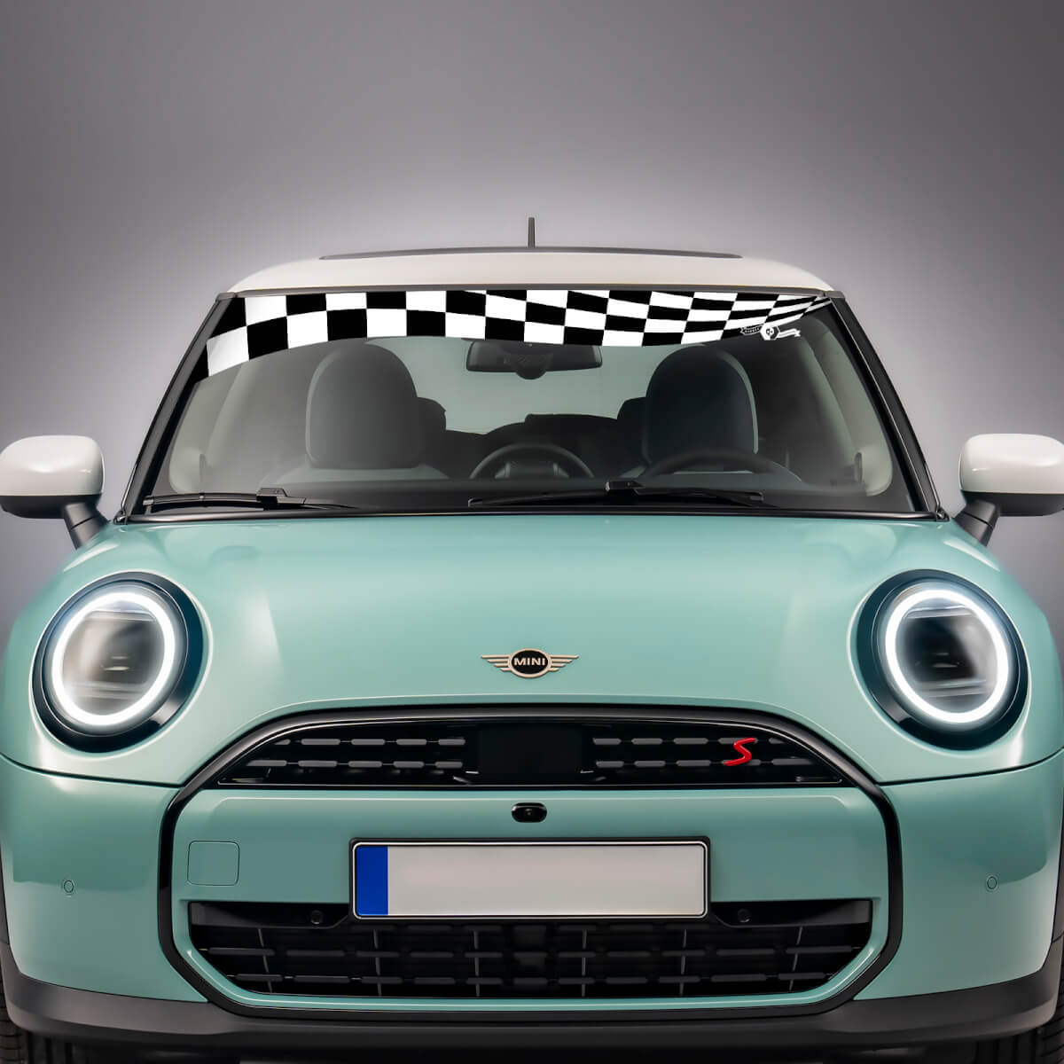 Sigina de calcomanía de gráficos de vinilo de bandera a cuadros de parabrisas para Mini Cooper S
