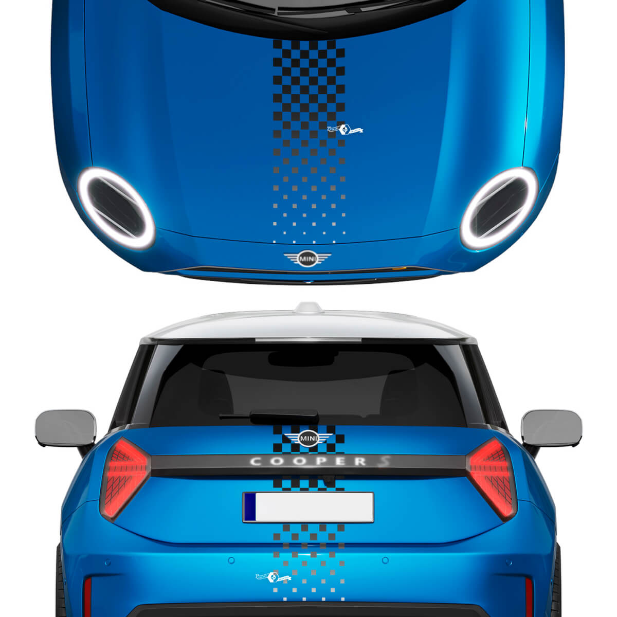 Calcomanía de vinilo con gráficos a cuadros degradados en el capó y la parte trasera para Mini Cooper S
