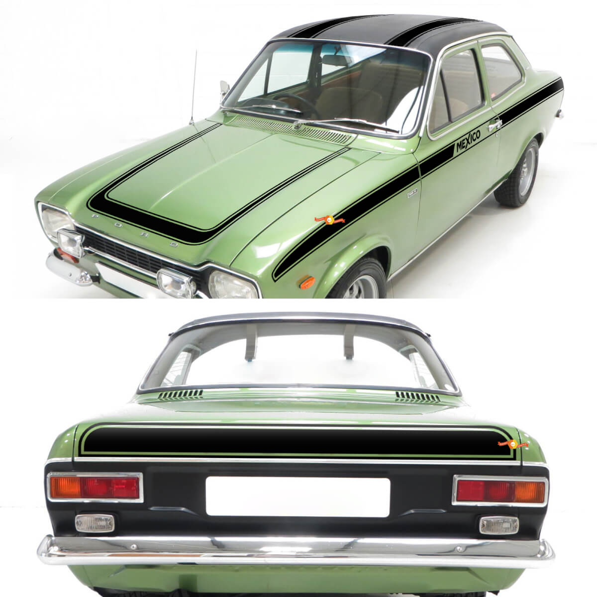Conjunto completo de rayas Vintage para los costados, capó y parte trasera para Ford Escort 1970 México.
