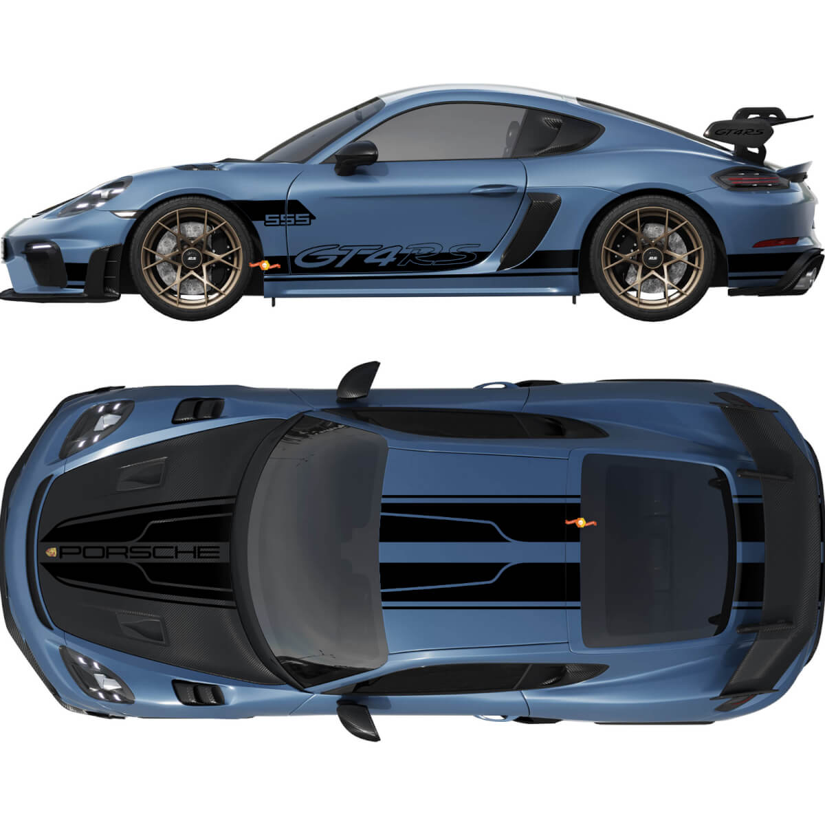 Calcomanía de rayas dobles para capó, techo, parte trasera y laterales para Porsche Cayman 718 GT4RS
